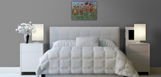 Meadow-Poppies - Modern Abstract Splattered, Textured - Original painting 24" X 18" X 0.5"