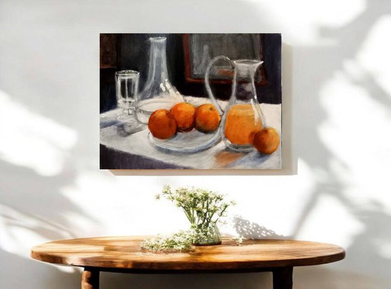 Still life with Glassware and Oranges