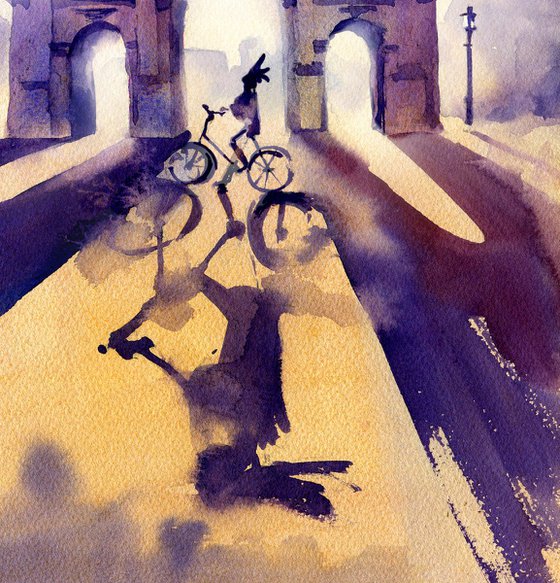 Architectural landscape "Paris. Shadows at sunset" cyclist on the background of the arch at sunset bright colors - Original watercolor painting