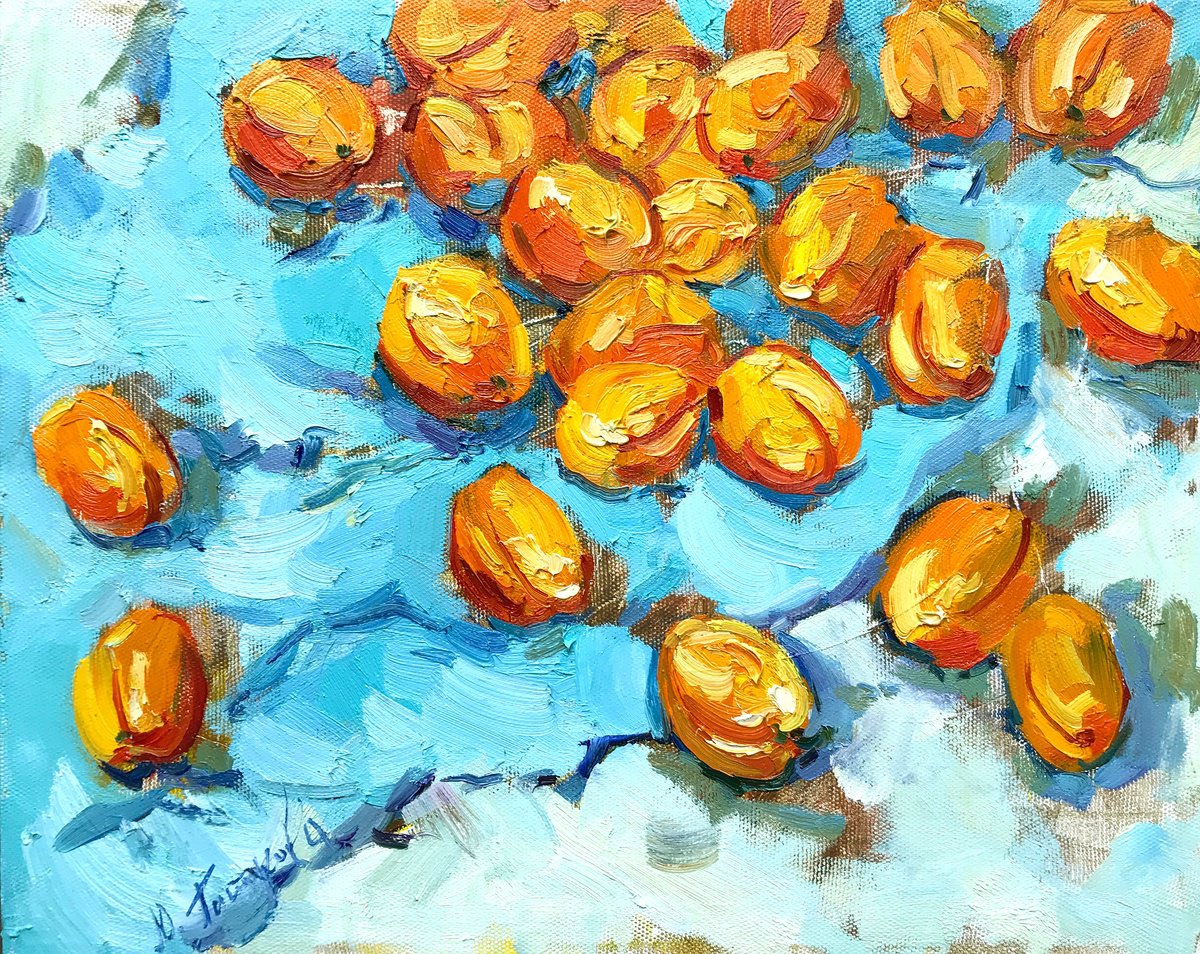 Impressionistic Botanical Oil Painting By Yuliia Pastukhova, 20 X 16", Apricots, Original Artwork