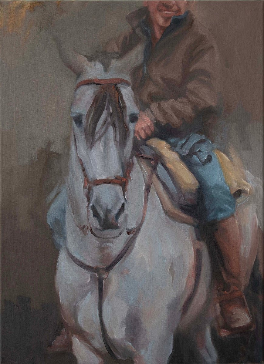 Impressionistic Animal Oil Painting By Zil Hoque, 16 X 22", Vaquero De Dehesa Frias, Original Artwork