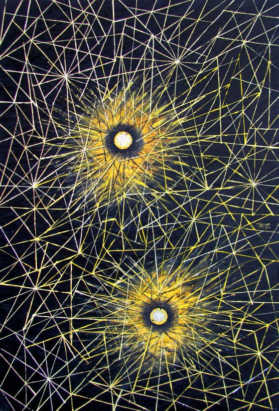 "String Theory" - Original PMS Artwork Abstract Cosmic Oil Painting on Wood, Framed - 26" x 38"