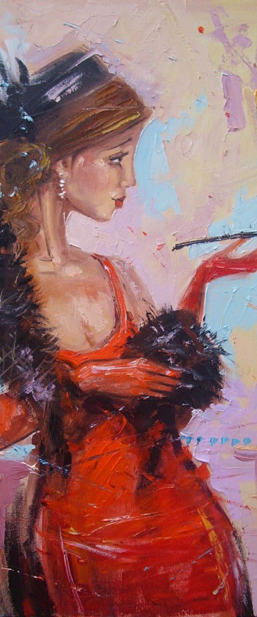 "  RETRO SOUND  " - original oil painting on canvas, gift, PALETTE KNIFe, LADY IN RED by Monika Luniak