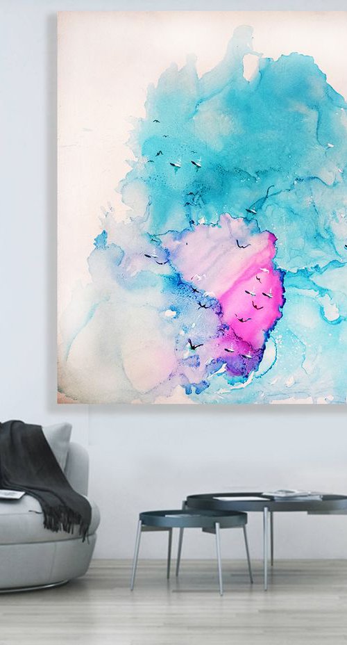 Blue and Pink Bay / Dreamy Landscapes /X Large Abstract 122 cm x 122 cm by Anna Sidi-Yacoub