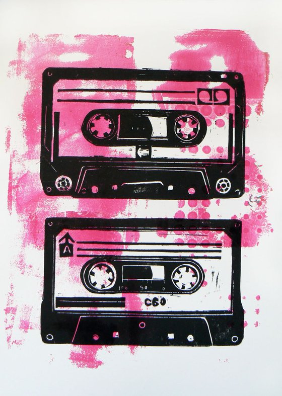 Cassettes duo (monoprint and lino print combination)