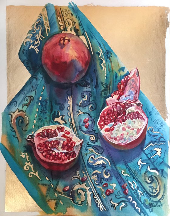 Pomegranates. Bright still life with red fruit. Pomegranate fruit