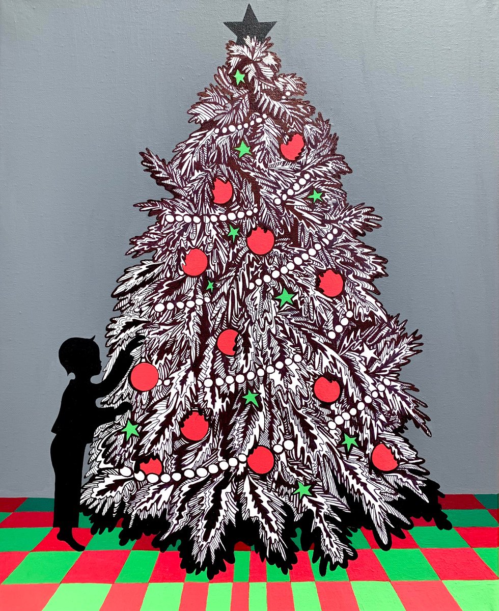 Graphic Portrait Acrylic Painting By Maria Tuzhilkina, 16 X 20", Christmas Tree, Original Artwork