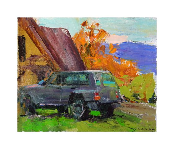 Landscape with car | Rest in autumn mountains| A la prima etude | Original oil painting