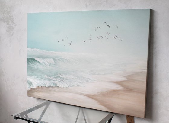 "Sea vibes 2" Blue beige landscape oil art