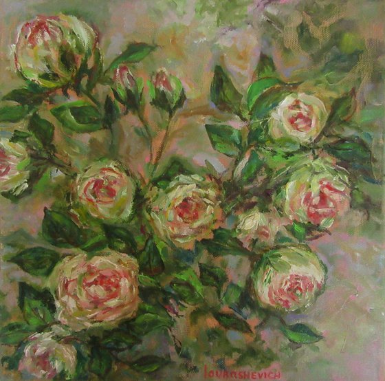 Original Oil Painting of White Roses Bush Romantic Impressionism Blooming flowers for your new home design housewarming gift white and green good vibes cosy love Small 12x12 in. (30x30 cm)