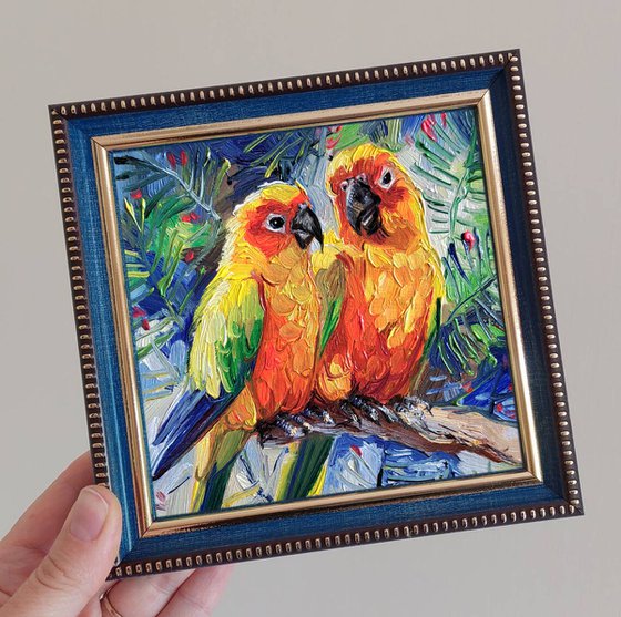 Two red yellow parrot birds painting original oil art framed 5x5 inch, Love art gift for anniversary