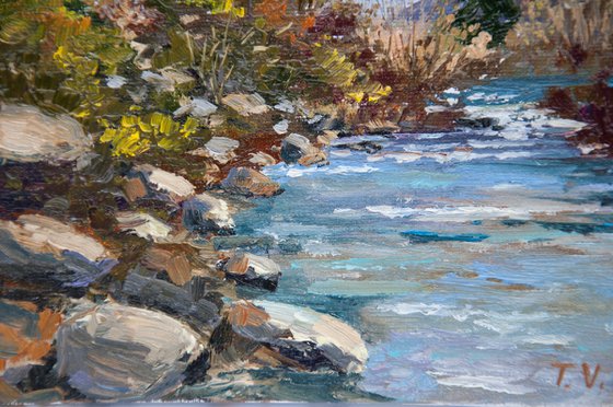 Mountain stream. Oil painting. Miniature. 6 x 6in.