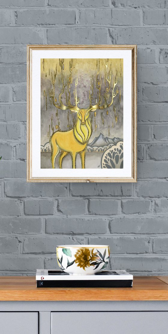 Golden deer, yellow deer on gray backgraund, gold leaf