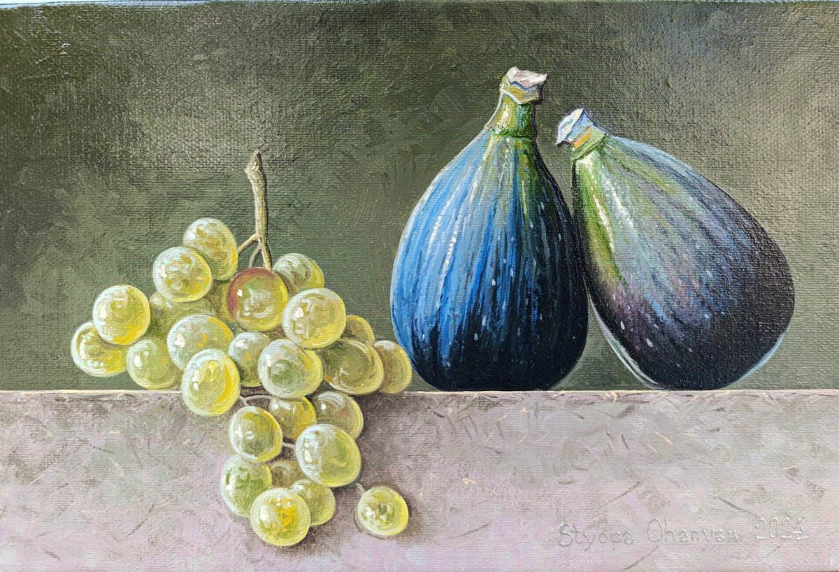 Photorealistic Still Life Oil Painting By Stepan Ohanyan, 12 X 8", Golden Grapes, Indigo Figs, Original Artwork