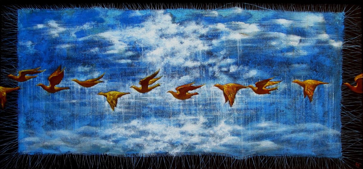 Surrealistic Animal Oil Painting By Serhiy Roy, 29 X 15", Flight Of Golden Birds, Original Artwork
