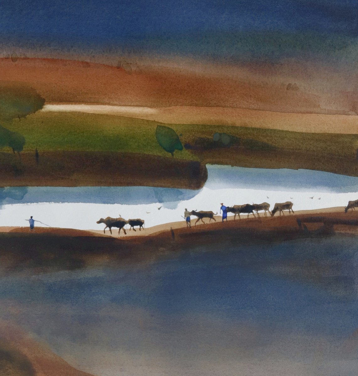 Impressionistic Landscape Watercolour By Prashant Prabhu, 18 X 24", Evening Parade By The Pond, Original Artwork