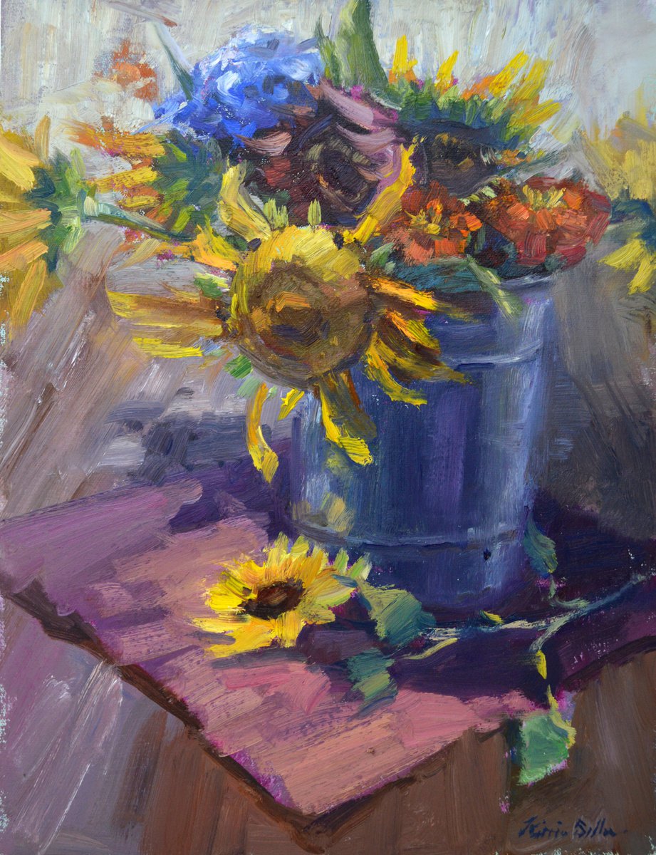 Impressionistic Botanical Oil Painting By Kristina Sellers, 11 X 14", Bucket Of Blooms, Original Artwork