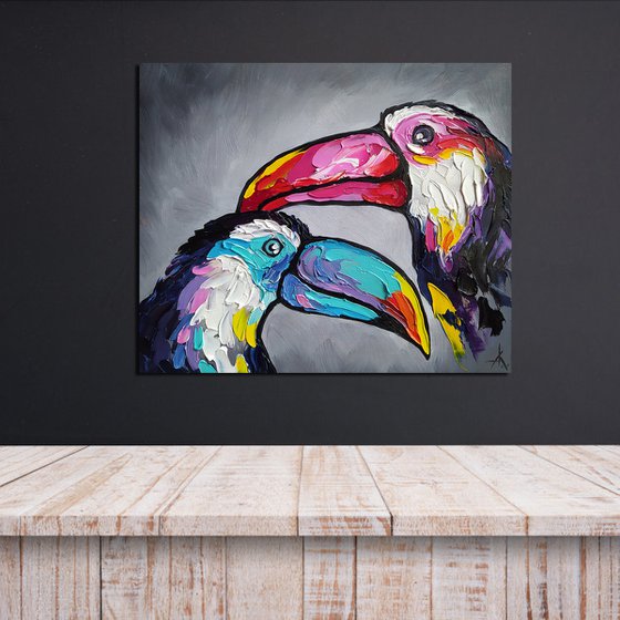 Toucan in love - toucan oil painting, toucan, animals, bird, birds oil painting