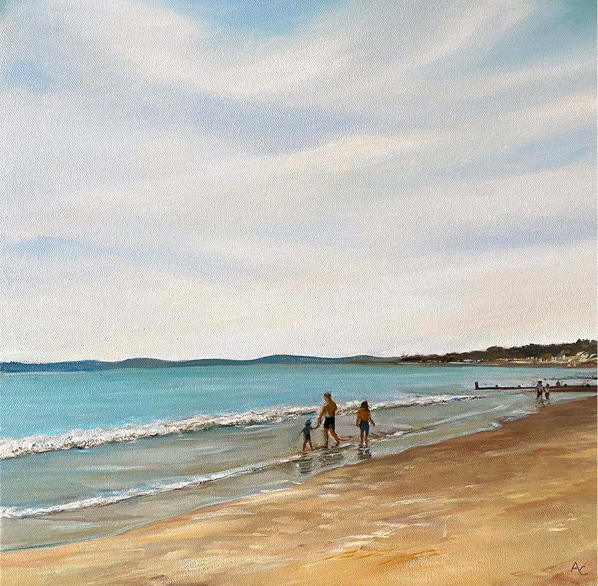 Photorealistic Landscape Oil Painting By Arti Chauhan, 16 X 16, Canford Cliff Beach, Original Artwork