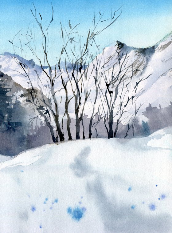 Sunny day in the mountains. Winter landscape. Original watercolor artwork.