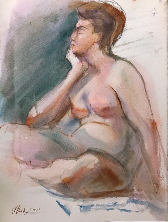 Pregnant nude woman thinking
