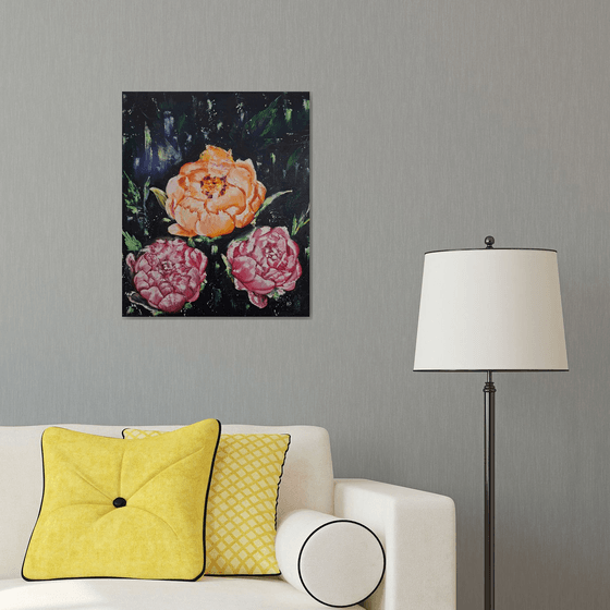 Midnight bloom, floral peonies painting
