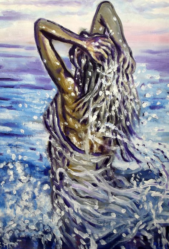 BATH IN THE SEA - Thick oil painting on canvas- Large scale (50x70cm)