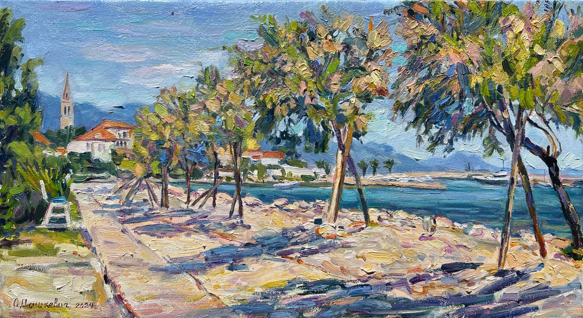 Impressionistic Landscape Oil Painting By Olha Dashkevych, 22 X 12", Sunny Alley, Original Artwork