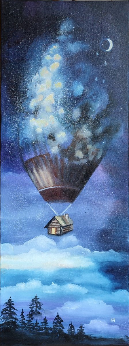 Surrealistic Landscape Oil Painting By Nataliia Plakhotnyk, 12 X 31", In The Sky, Original Artwork