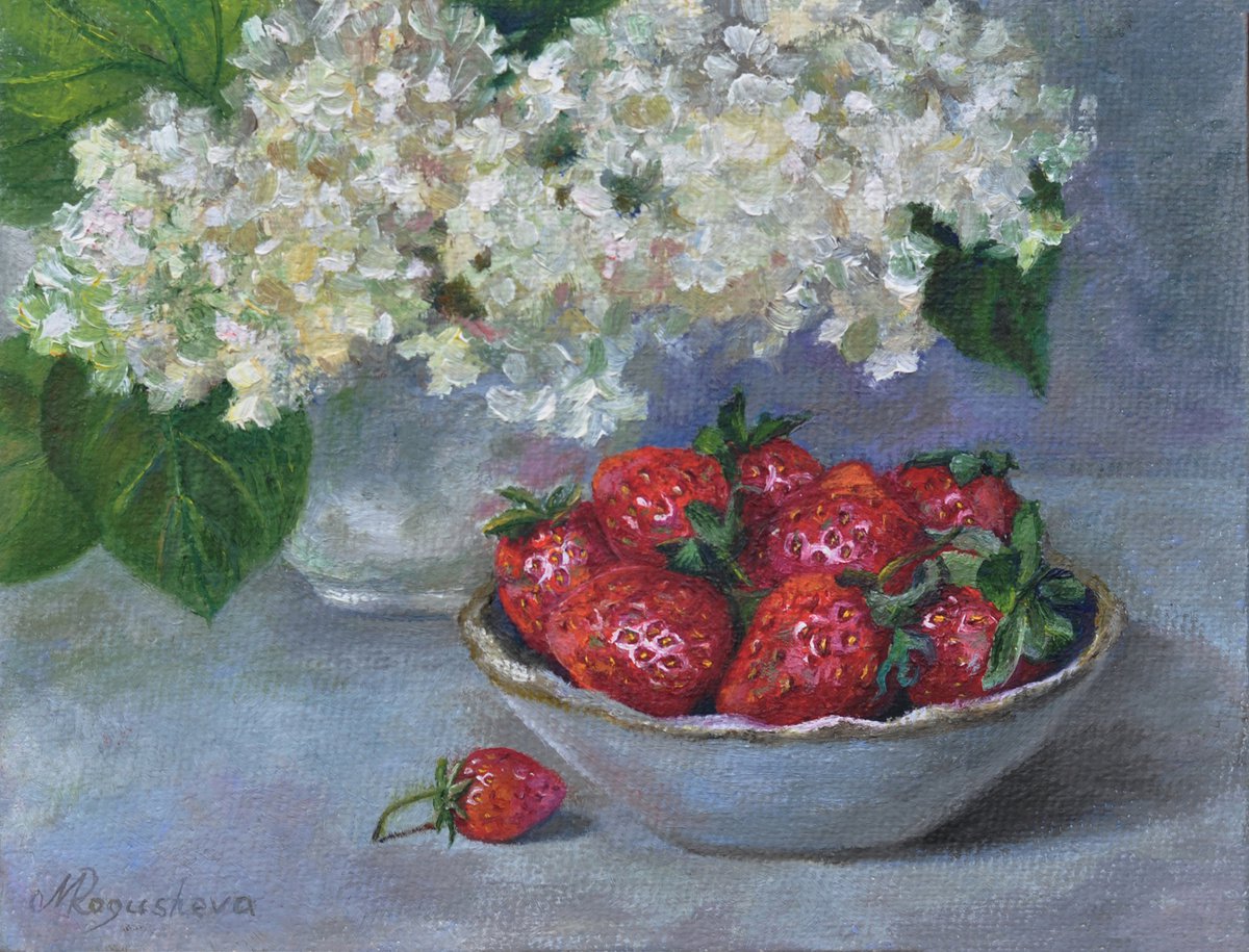 Still life with Hydrangea and strawberry original oil painting by Marina Petukhova