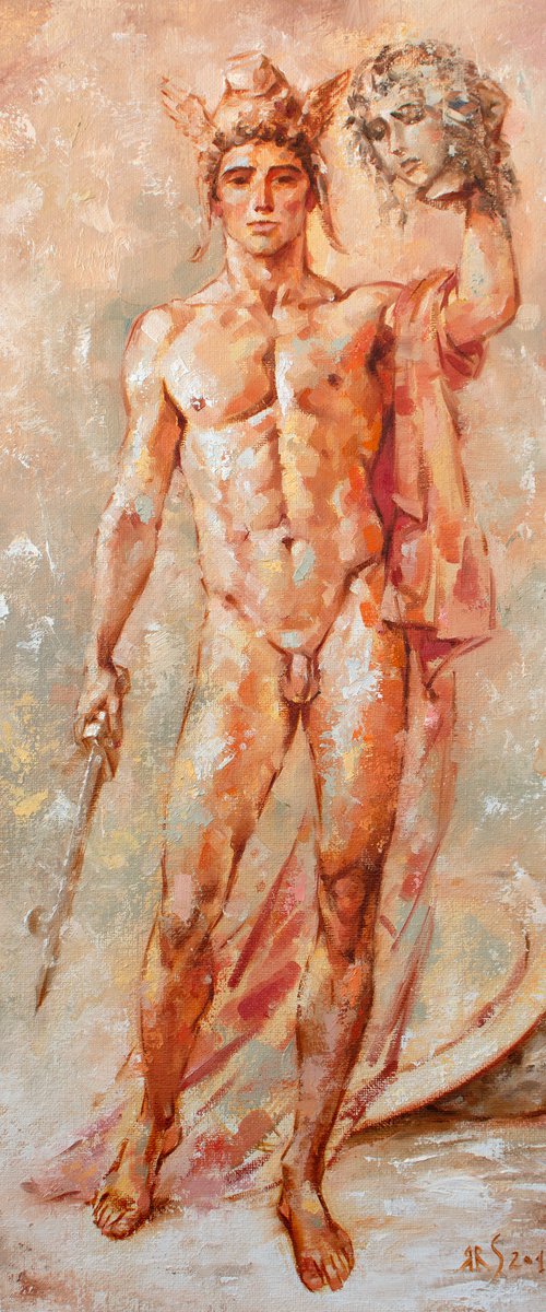 Perseus with the head of Medusa Gorgon by Yaroslav Sobol - (Modern Impressionistic Figurative Oil painting of a Man Gift Home Decor) by Yaroslav Sobol