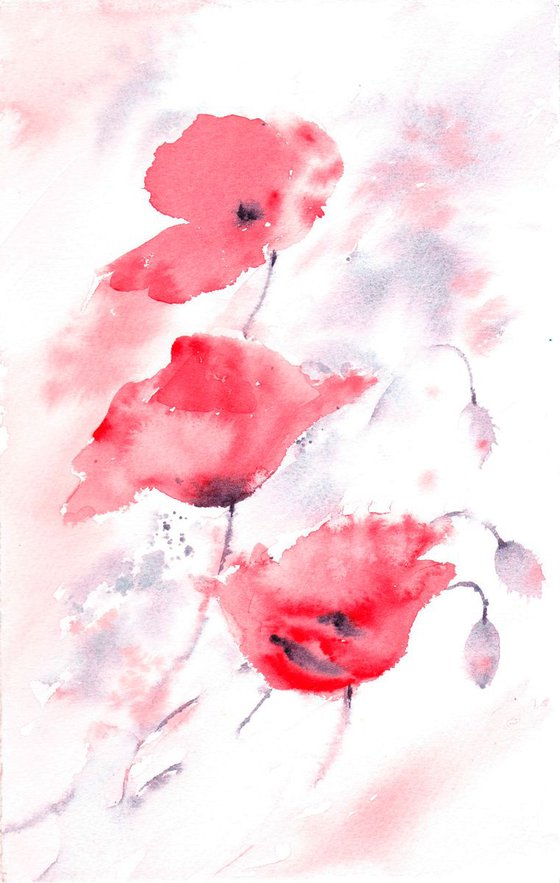 Poppy painting, Original watercolour, Floral art, Poppies, Red