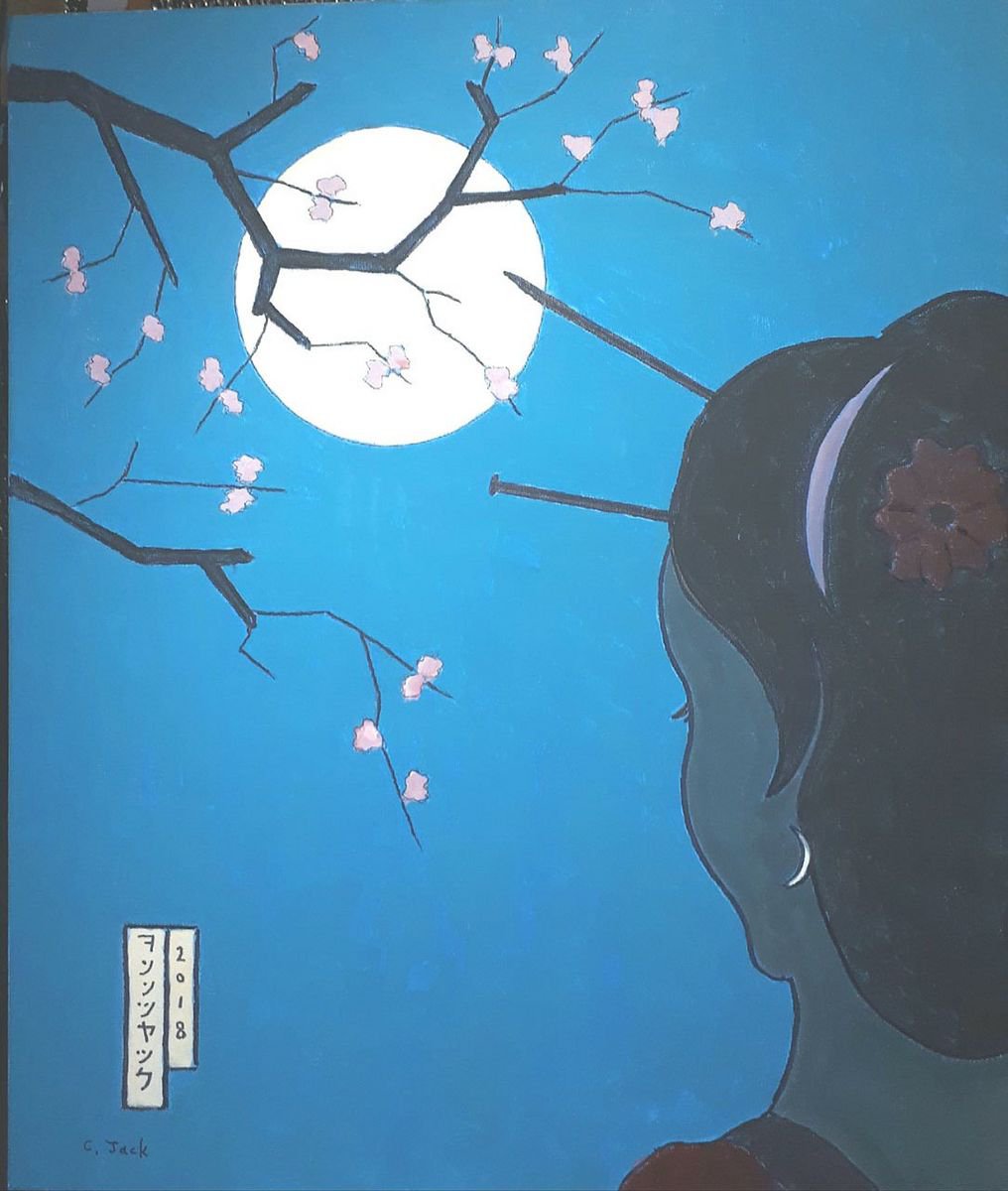Acrylic Painting , Geisha And The Moon By Colin Ross Jack, 20 X 24, Artwork For Sale On Artfinder