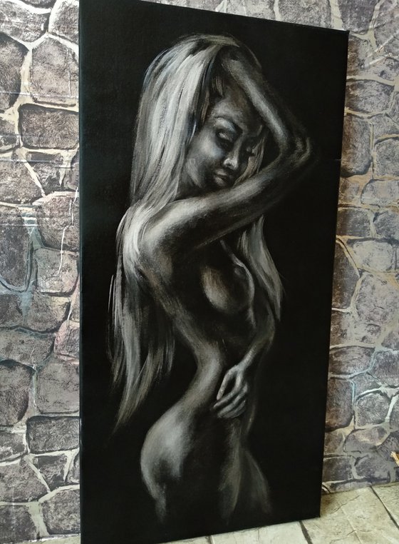 Erotic Art Naked Woman Black and Silver Decor