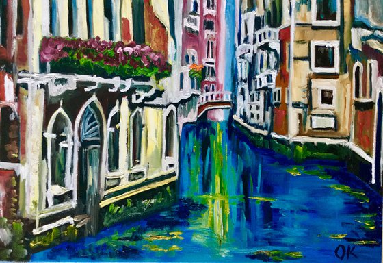 VENICE CANAL BRIDGE. PALETTE KNIFE OIL PAINTING. OFFICE URBAN WALL ART