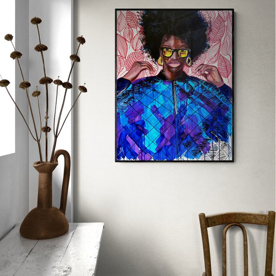 HALO GERGEOUS - large oil painting, pink, black lives matters, pop art, home decor, deep blue