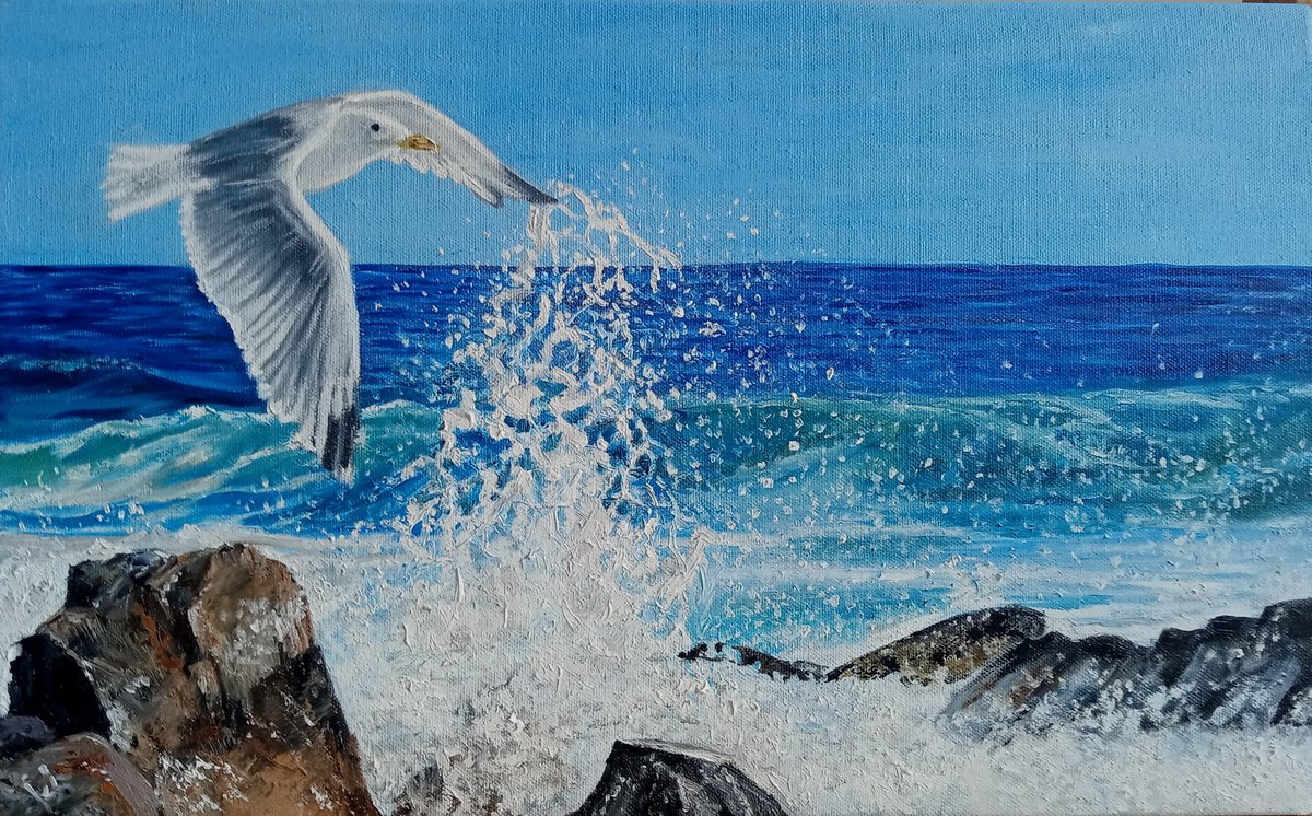 Seagull Over Waves By Ira Whittaker, 19 X 12, Artwork For Sale On Artfinder