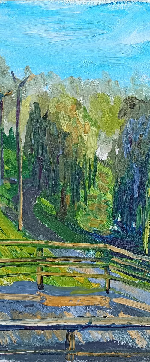 Weeping willows in the park. Pleinair painting by Dmitry Fedorov