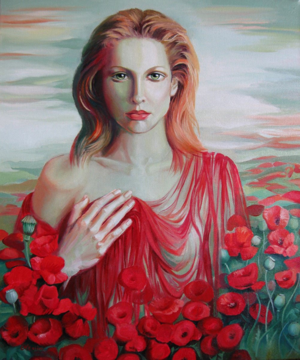 Expressive Portrait Oil Painting By Elena Oleniuc, 20 X 24, Red Ocean, Original Artwork