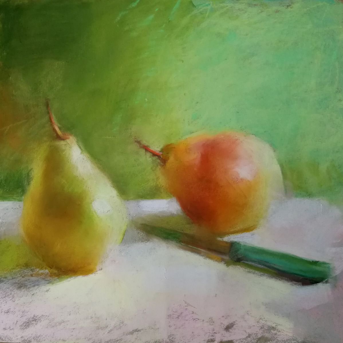 Impressionistic Still Life Pastel Drawing By Silja Salmistu, 12 X 12", Pears With A Knife In Between, Original Artwork