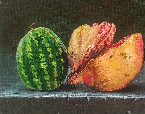 Still life pomegranate and small watermelons (40x30cm, oil painting, ready to hang)