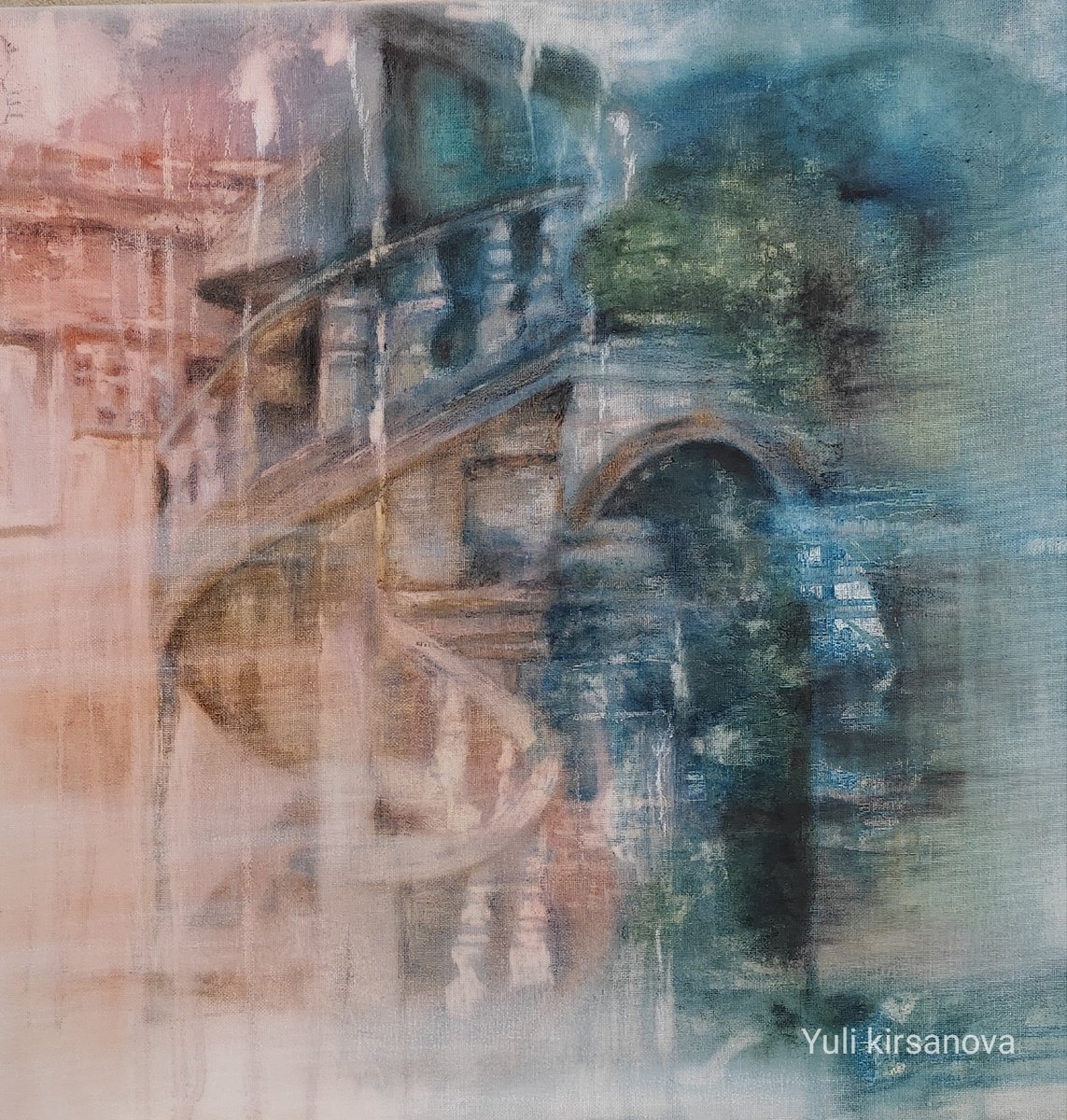 Impressionistic Cityscapes Oil Painting By Yuliia Kyrsanova, 20 X 20", Stairway To Nowhere, Original Artwork