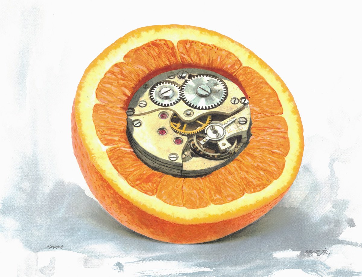 Photorealistic Still Life Watercolour By Reme Jr., 19 X 15", Orange With Clock Mechanism, Original Artwork