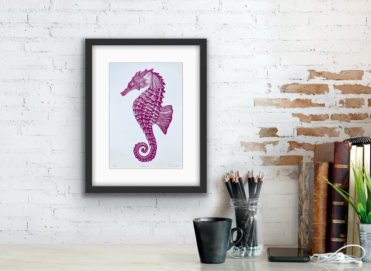 Pink Seahorse Linocut by Amy Cundall