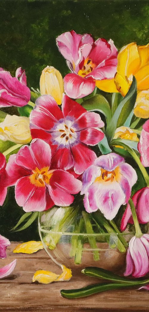 Red and Yellow Tulips in Glass Vase by Natalia Shaykina