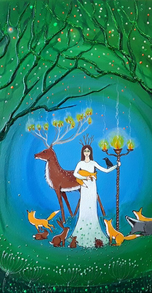 Bringers of Light - Goddess Painting - Mystical Art - Enchanted Forest - Woodland Animals - Pagan Art by Angie Livingstone