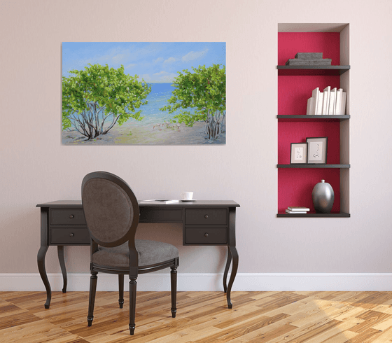 ENDLESS SUMMER. Tropical Island Seascape Painting of Florida Beach and Sea Birds.