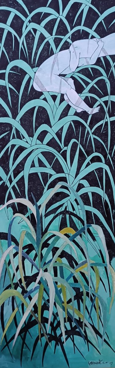 Organic Botanical Oil Painting By Isabellangela Germinario, 12 X 35, Lotta 2.0, Original Artwork