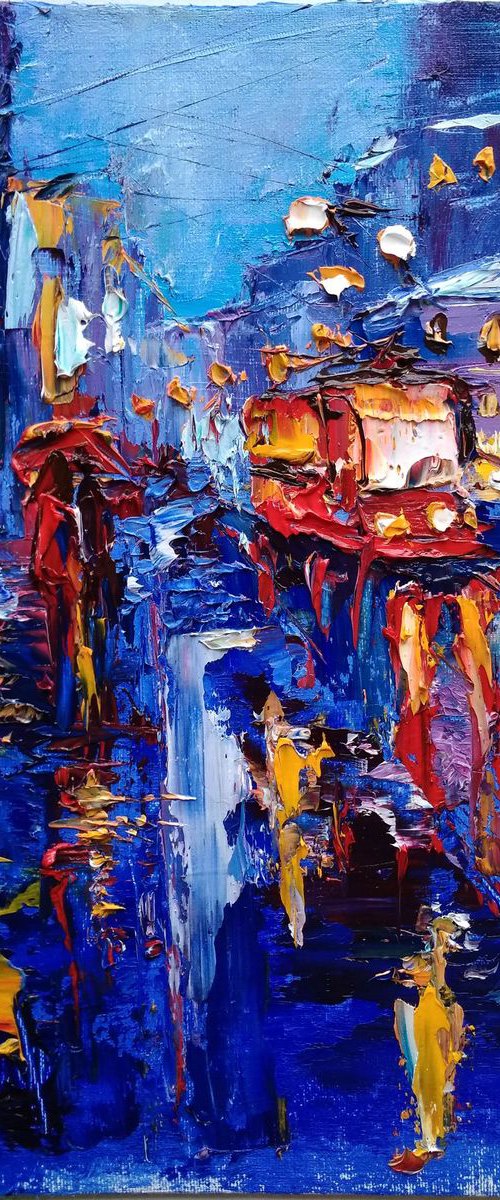 Rain in city. Couple under umbrella and streetcar by Oksana Fedorova