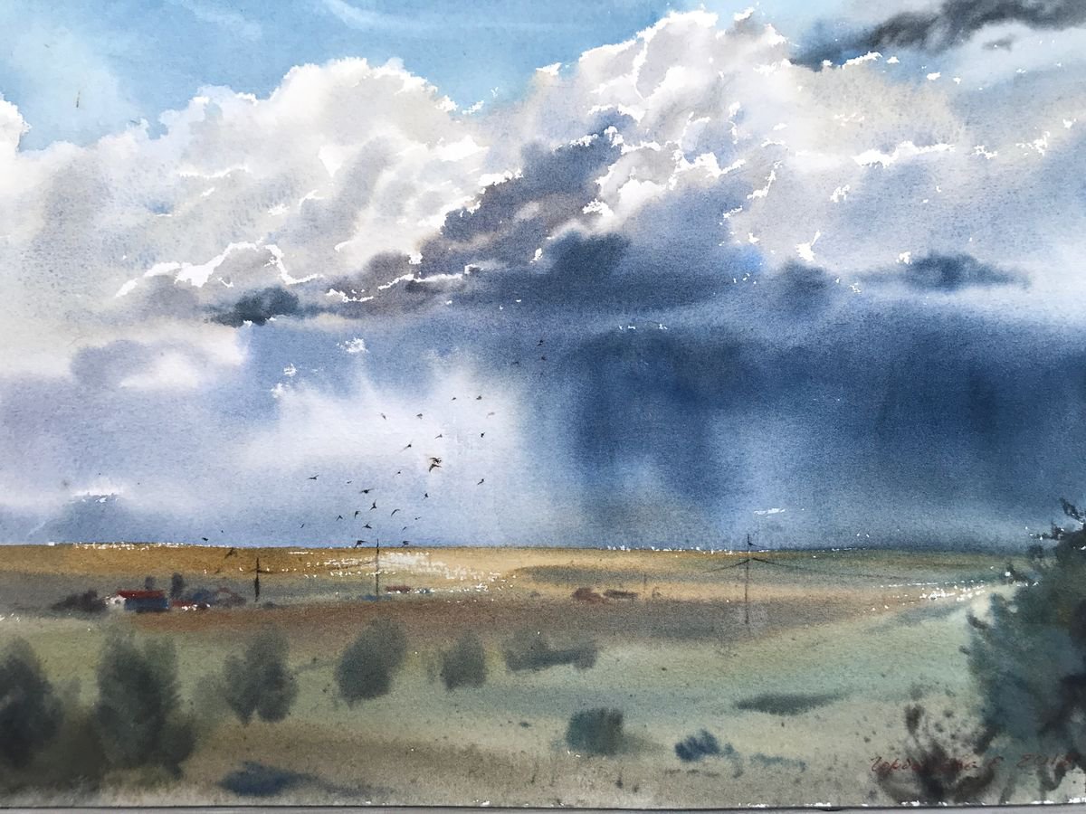 Impressionistic Watercolour , Field And Sky By Eugenia Gorbacheva, 16 X 12, Artwork For Sale On Artfinder